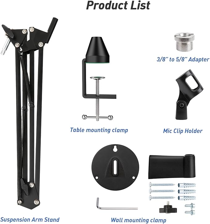 SUNMON Microphone Wall Mount and Metal Table Mounting Clamp, Universal Microphone Boom Arm Stand Compatible with HyperX QuadCast, Blue Yeti, Blue Snowball, Shure SM58 Microphone