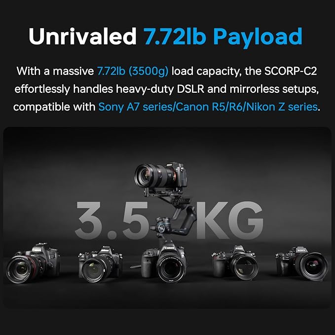 FeiyuTech SCORP-C2 Camera Gimbal Stabilizer, 3-Axis Professional Video Stabilizer with Built-in AI Tracking, 7.72lb Payload for DSLR & Mirrorless Sony A7IV Canon R5 Nikon, Native Vertical Shooting