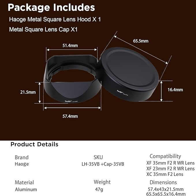 Haoge Lens Hood Metal Square Bayonet for Fujifilm XF35mmF2 R WR, XF23mmF2 R WR XC 35mm F2, Fuji 35mm F2, 23mm F2 Lens Hood, with Metal Front Cap, Replaces Fujifilm LH-XF35-2 LH XF35 2 Hood Shade