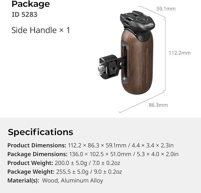 SmallRig Wooden Side Handle for Camera Cages with Two-in-One Locating Screw, Left or Right Side Ergonomic Handgrip, 29mm / 1.14in Vertical Adjustment, 15kg / 33.1lb Load Capacity