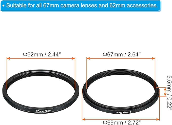 PATIKIL 67mm-62mm Metal Step Down Ring, Camera Lens Filter Adapter Ring Aluminum Filter Adapter Ring for Camera Lenses Hood, Black
