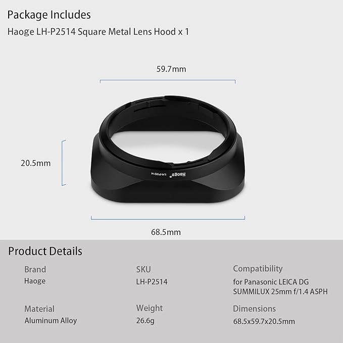 Haoge LH-P2514 Square Metal Lens Hood for Panasonic Leica DG SUMMILUX 25mm f/1.4 ASPH Lens dg25 25MM F1.4 Bayonet-Mount Lens Shades H-X025