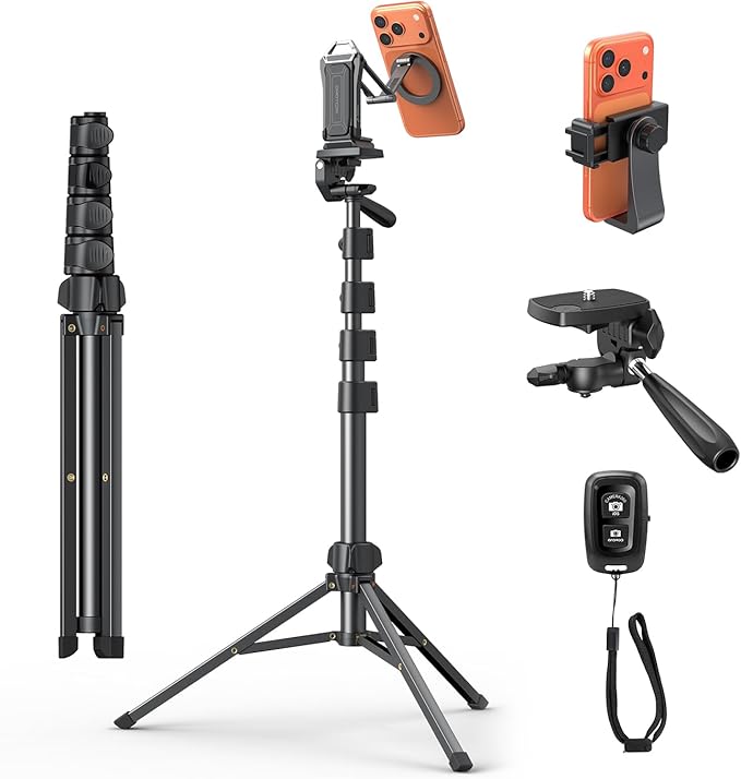 OMOTON TS01 65" Magnetic Phone Tripod for iPhone & Camera, Cell Phone Stand with Remote, Stable Height Adjustable Multi-Angle Shot Selfie Stick Tripod for Video Recording, Live Streaming, Black Set