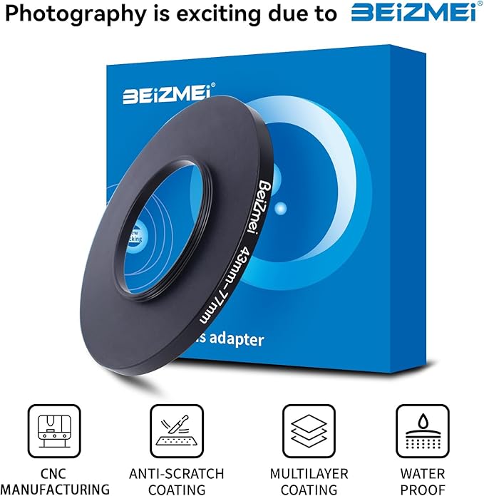 43mm to 77mm Camera Filters Ring,Filters Ring Compatiable All Brands Ø43mm Lens to Ø77mm UV ND CPL Camera Filter accessory.Made of CNC.