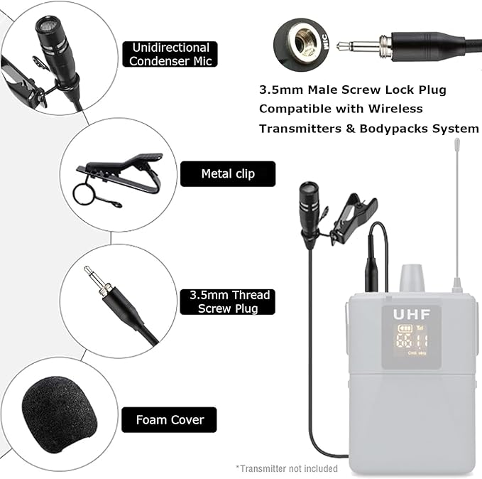 Lavalier Lapel Microphone Unidirectional Condenser Super Cardioid Mic Compatible with Wireless Bodypack Transmitter System with 3.5mm Thread Screw Plug