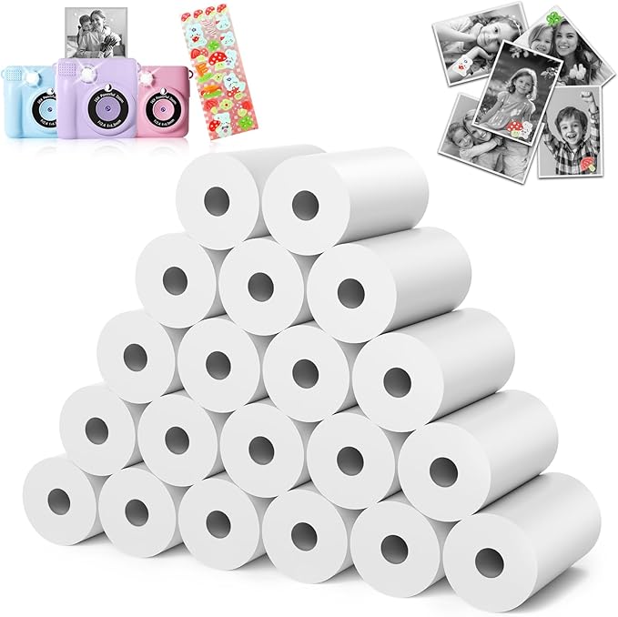 20 Rolls Kids Camera Paper Roll Refill - HD kids camera instant print paper, 55x25mm Print 180 Sheets with Cute Stickers, Scratch-Resistant, BPA Free, Suitable for 99% of Instant Print Camera for Kids
