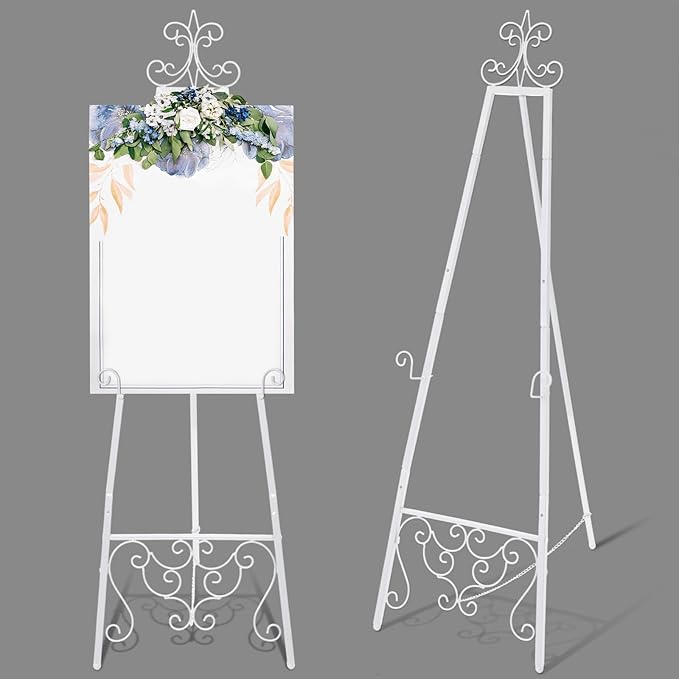 White Easel Stand for Wedding Sign, 55'' Adjustable Vintage Scroll Floor Display Stand with Chain Support for Welcome Poster, Photo, Art, Decorative Event Display