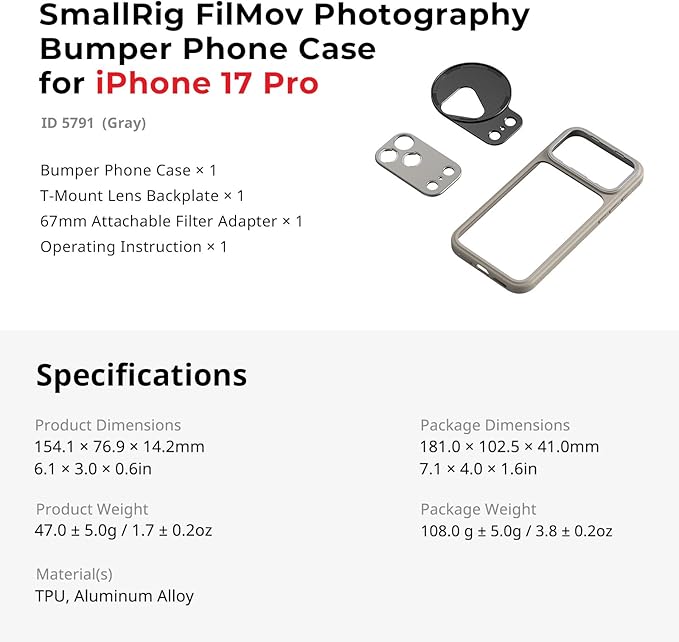 SMALLRIG FilMov Bumper Phone Case for iPhone 17 Pro, Hollow Back Design with Lens Backplate, 67mm Filter Adapter Compatible with Phone Gimbal Stabilizers, for DJI for Insta360, Gray- 5791
