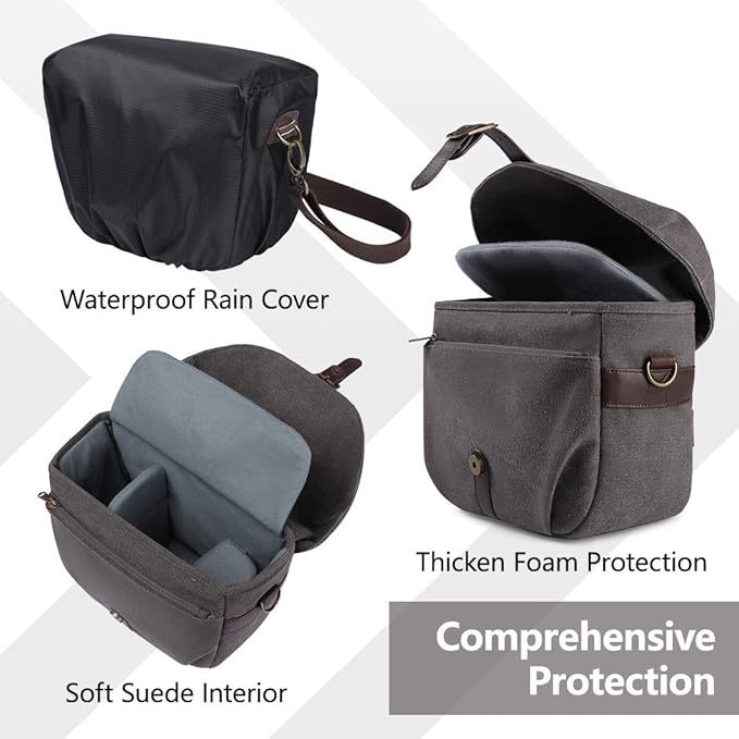 BAGSMART Camera Bag, SLR DSLR Canvas Crossbody Camera Case, Compact Camera Shoulder Bag with Rain Cover for Women and Men, gray
