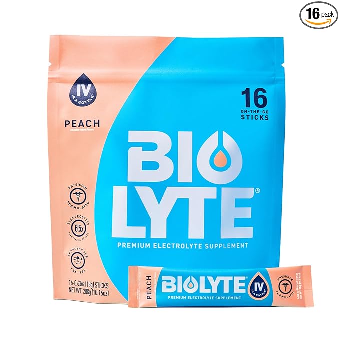 BIOLYTE IV Electrolyte Powder Packets, IV Liquid Drink Mix for Water, Doctor-Developed Hydration, Approved Dehydration Relief, Chemotherapy Must Haves for Women & Men - Peach (16 Sticks)
