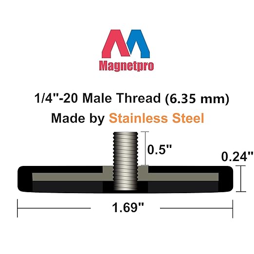 Magnetpro 4 Pieces Strong Rubber Coated Mounting Magnets Anti-Scratch & Anti Corrosion, Over 30 LB Adhesive Power, with 1/4"-20 Stainless Steel Male Thread and Nut for PTZ, Camera