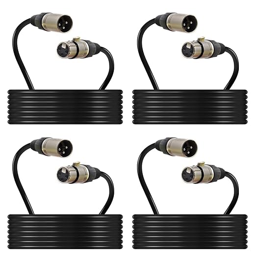 (4-Pack) 25 Foot, XLR Microphone Cable 3-pin XLR Speaker Cable Male to Female Balanced Mic Cable, Black