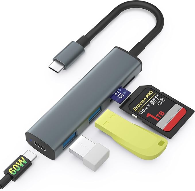 TIANSONG USB C SD Card Reader, Memory Card Reader with 60W PD Charger Adapter SD Card Adapter with SD/TF/USB 4 Ports for iPhone 15/16 iPad Pro MacBook Pro/Air iMac Android and More USB-C Devices