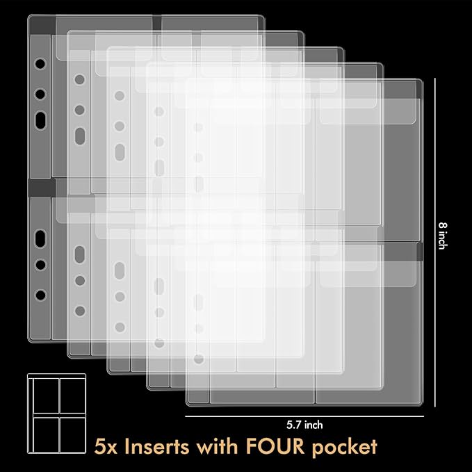 10 Sheet Binder Pockets Inserts with four pockets A5 Size 6 Hole Binder Folder for Dies and Stamps Storage,Waterproof PVC Clear Bags Protectors for Cutting Dies Stencil Album Stamp Crafts