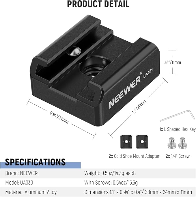 NEEWER 2 Pack Cold Shoe Mount Adapter with 1/4" Screws for Flash LED Light Monitor Microphone, Aluminum Shoe Mount with Anti Twist Pins Non Slip Pads Compatible with SmallRig Cage Top Handles, UA031