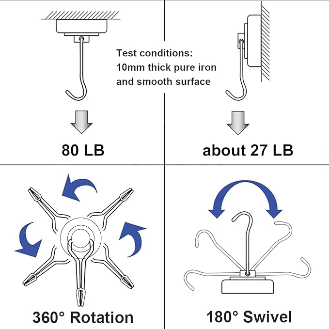 E BAVITE Swivel Swing Magnetic Hooks 80LB,10 Pack Strong Neodymium Magnet Hook for Magnets Surfaces 67.5mm(2.66in)