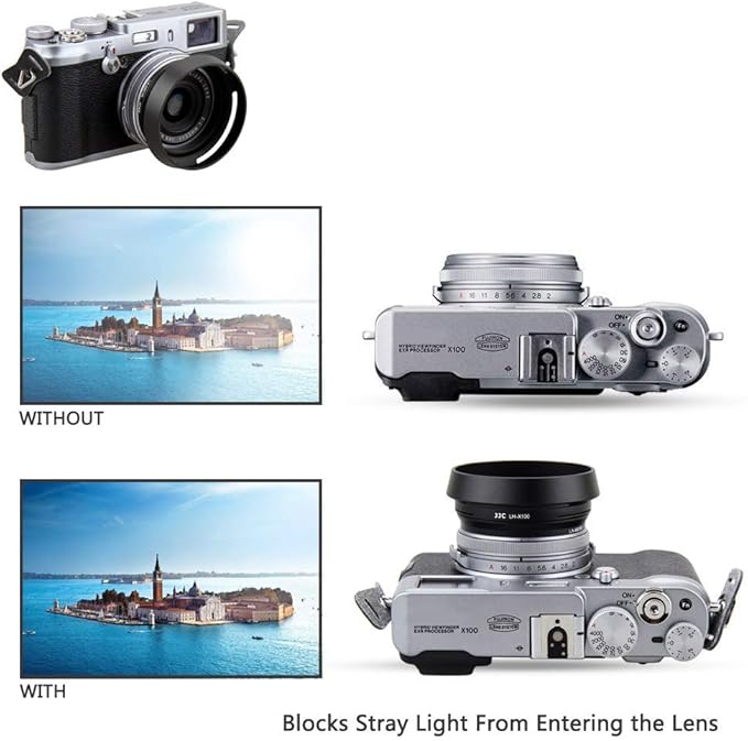 JJC LH-X100 Metal Lens Hood Sun Shade with 49mm Filter Adapter Ring for Fuji Fujifilm X100VI X100V X100F X100T X100S X100 Digital Camera(Not Fits Fujifilm Original Lens Cap), Black Color