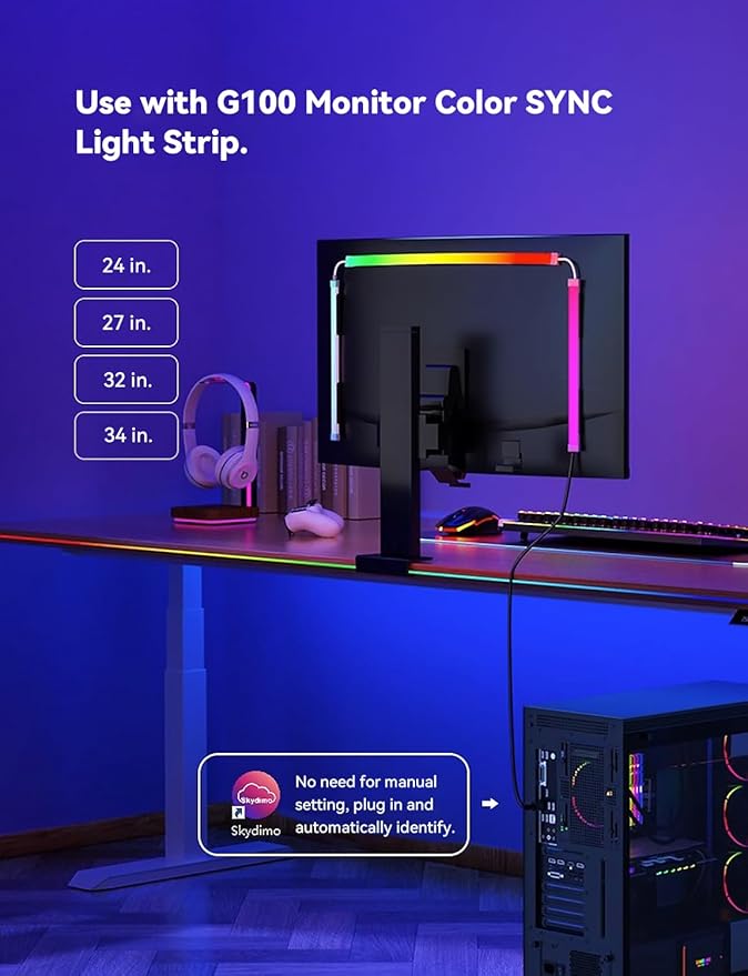 RGB Backlight for PC & Mac, LED Strip Light Sync with Screen Color or Music, Stick to The Edge of Your Desk, LEDs for Desk Gaming, USB Port, Software Control, 7.88ft / 2.4m