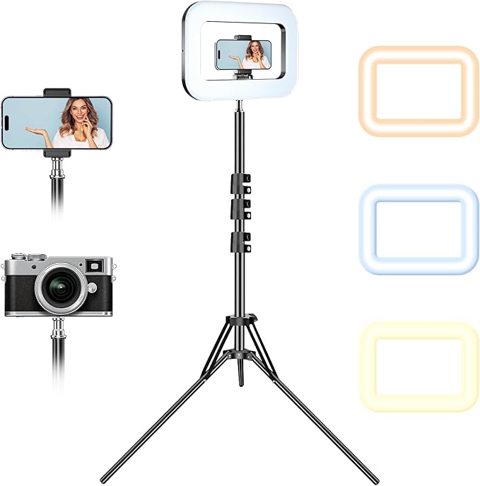 Rechargeable Ring Light with Stand for Video Recording, Dimmable Lighting Tripod for iPhone, Square Light with Phone Holder for Content Creators, Selfie, Makeup, Live Streaming, TikTok