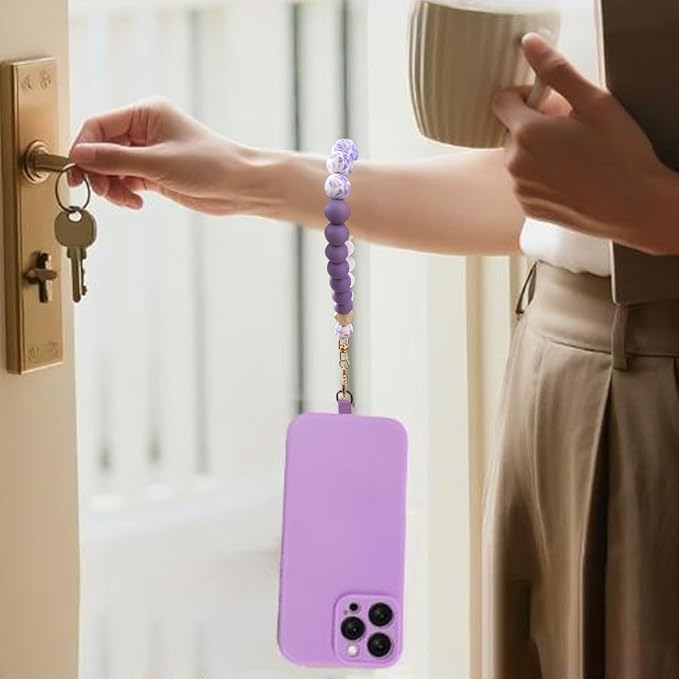 Marble Silicone Beaded Phone Wrist Strap, Cellphone Lanyard with Tether Tab, Elastic Hands-Free Wristlet Bracelet