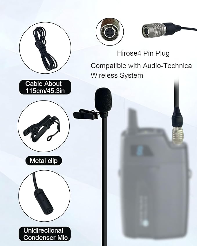 4Pin Plug Lavalier Lapel Microphone for Audio-Technica Wireless Transmitter, 1.5M Wired Unidirectional Condenser Mic for YouTube, Lectures, Living Performance - Mini Hirose 4 Pin Plug