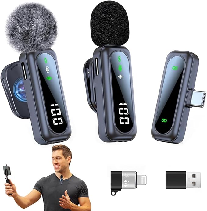 2 Pack Wireless Lavalier Microphone with Clip Wireless Microphone with Noise Cancellation Plug and Play Wireless Mic for Android Live Broadcast