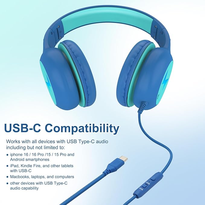 Kids Headphones Wired with Microphone, USB Type C Headphones for Kids Girls Boys with Cord/LED Lights/85/94dB Volume Limit, Portable Over Ear Headphones for School/Travel/Tablet/iPad