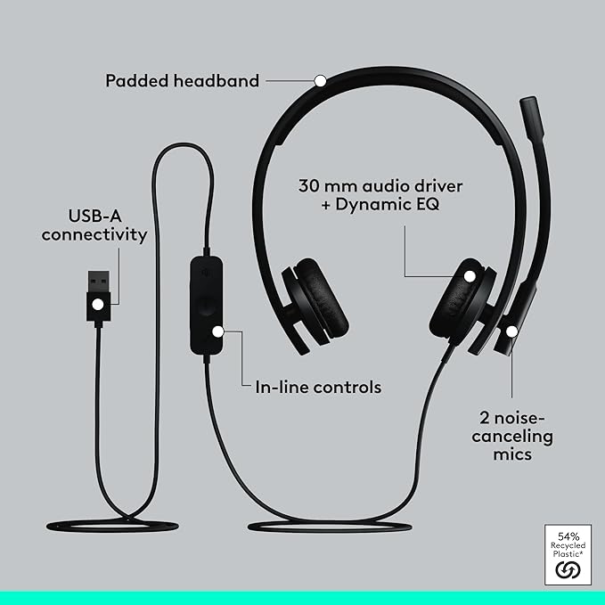Logitech H570e USB Headset with Microphone for PC and Mac, USB-A Wired Headset with Stereo Sound, Noise-Canceling Mics and Inline Controls, Certified for Microsoft Teams, Black
