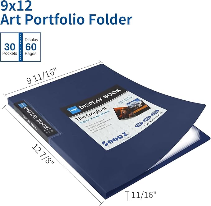 Sooez 30-Pocket Binder with Plastic Sleeves 9x12 (Navy Blue), Heavy Duty Art Portfolio Folder with Clear Sheet Protectors, Display 60 Pages, Presentation Book for Artwork, Document Organizer Binder
