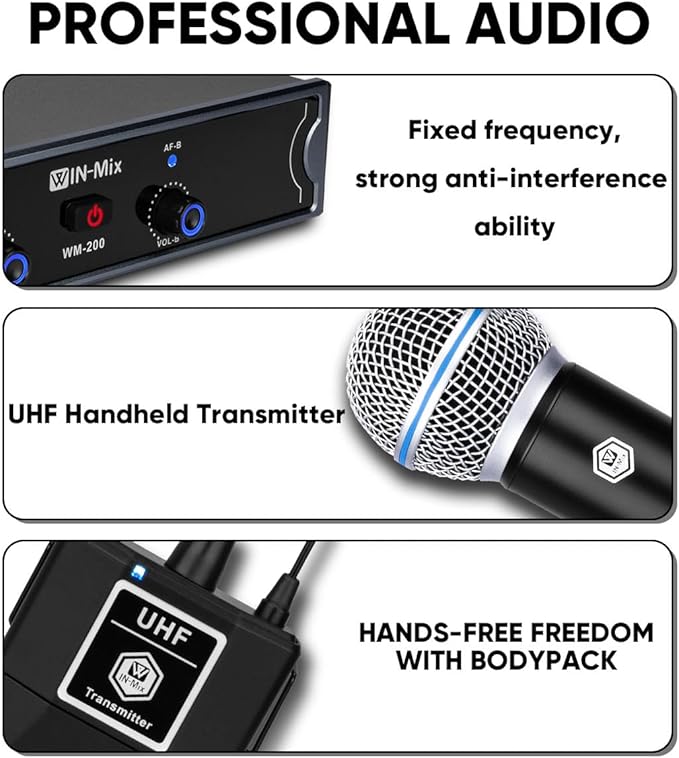 W IN-MIX Dual Wireless Microphone System with 1 Handheld & 1 Bodypack, 260ft UHF Range, Fixed Frequency for Church, Wedding, Conference & Live Speaking