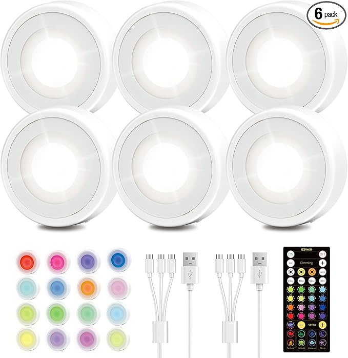 EZVALO LED Puck Lights, 6Pack Rechargeable Battery Touch Light, 2.5'' Mini Tap Lights, Wireless Closet Light, Under Cabinet Lighting, 3 Color & 83 RGB, Sitck On Lights for Kitchen,Pantry,Shelves