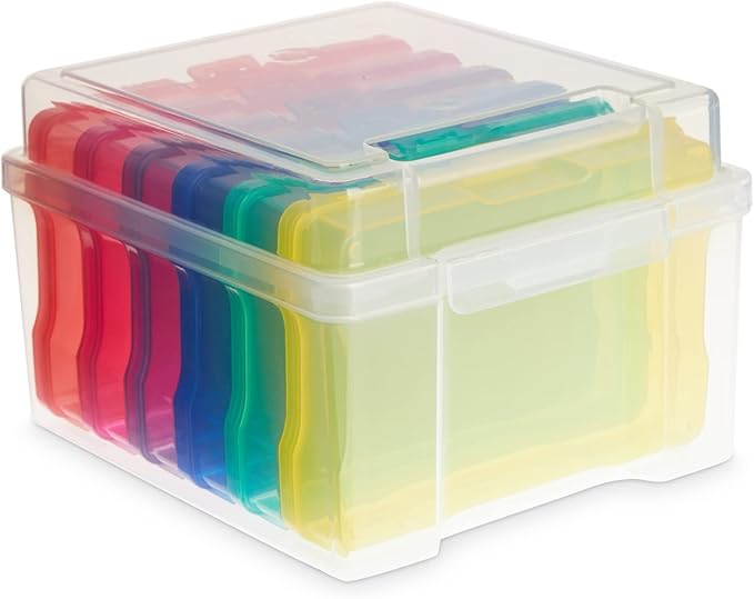 Paper Junkie Photo Storage Box - 4 x 6 in Clear Plastic & 6 Multicolor Inner Cases - Snap-Close Photo Storage Containers & Sticker Box