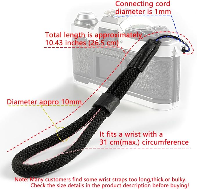 Soft Wrist Strap - Rope Hand Strap for Point-and-Shoot, Mirrorless, Small Cameras - Black