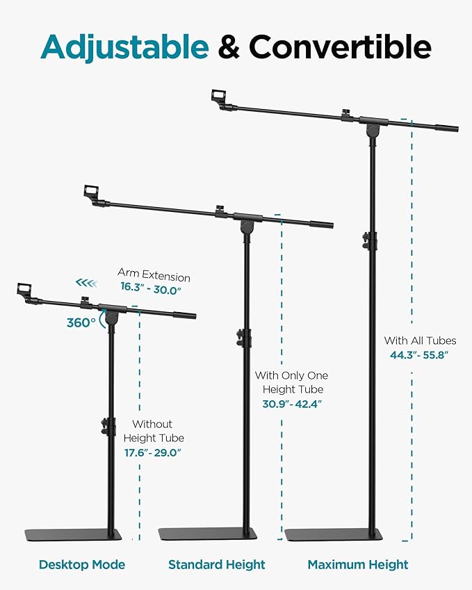 InnoGear Mic Stand Floor, Boom Arm Floor Microphone Stand Height Adjustable Heavy Duty with Iron Base for HyperX SoloCast, HyperX QuadCast S, Razer Seiren V3 Mini, Blue Yeti Shure SM58 and Other Mics