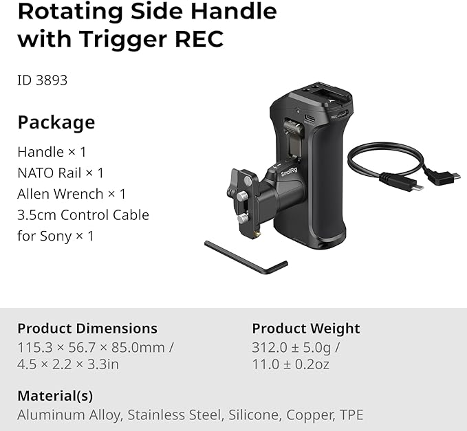 SmallRig Rotating Side Handle with Trigger REC for Sony Selected Mirrorless Cameras, for Sony Alpha 7 IV/Alpha 7R V / A7 III / FX3 / Alpha 9, Compatible with F550/570 Battery, Shutter Control