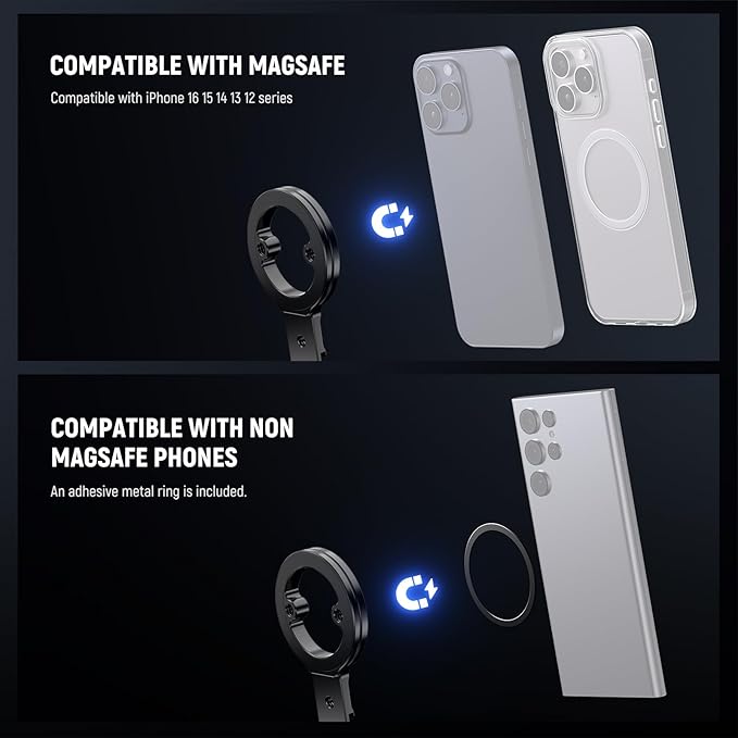 NEEWER Magnetic Phone Tripod Holder Stand, Metal Cell Phone Mount Grip with 1/4" Threads, Cold Shoe & Arca Type, Compatible with MagSafe iPhone Samsung Huawei Android for Video Recording, PA098