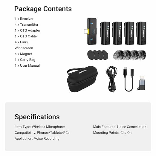 NEEWER KM23C Wireless Lavalier Microphone Compatible with iPhone Android Tablet PC Laptop, Omnidirectional 48K/24Bit 20-20KHZ AI Noise Cancellation Mute 70m Range 32h Total Battery (1x RX + 4X TX)