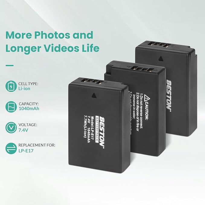 BESTON 3-Pack LP-E17 Battery and Charger Set for Canon EOS R50 R100 RP R10 R8, Rebel T8i, T7i, T6i, T6s, SL2, SL3, EOS M3, M5, R10, M6 Mark II, 77D, 200D, 750D, 760D, 800D, 8000D Camera