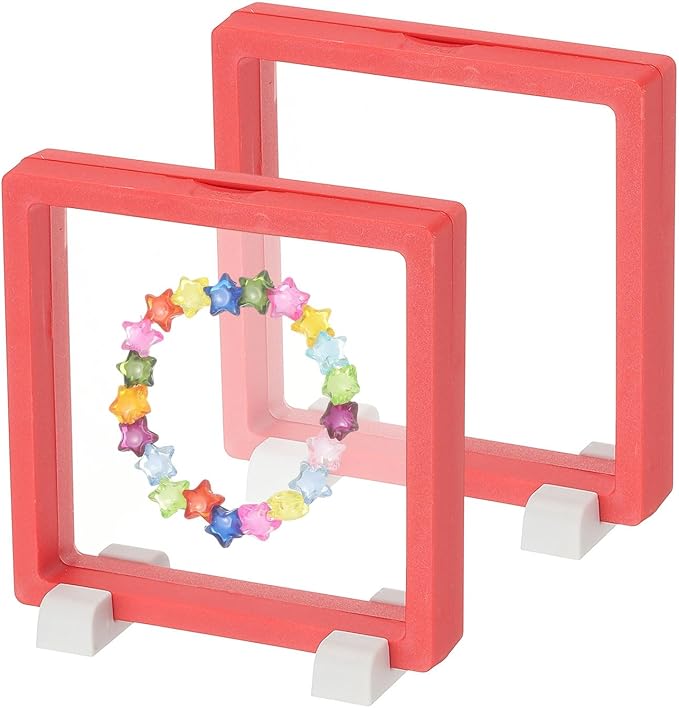 PATIKIL 2Pcs Floating Display Case, 4.3 Inch Jewelry Display Case Stand Challenge Coin Holder Frames Transparent Small Storage Box 3D for Necklace Bracelets Pendants, Red/White