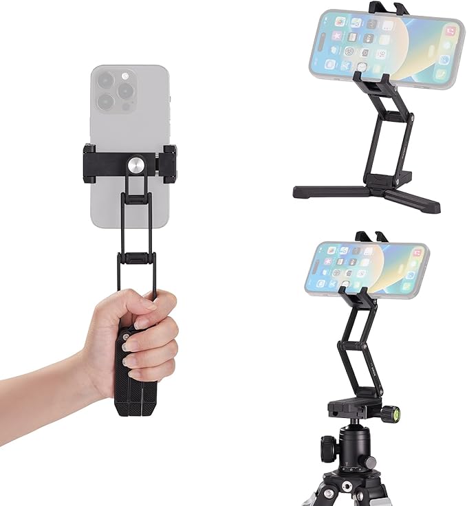 Phone Tripod Mount with Cold Shoes, Metal Smartphone Adapter Compatible with iPhone, Multi Angle Tri Fold Cell Phone Holder, Handheld Grip for Streaming Vlog CP-15