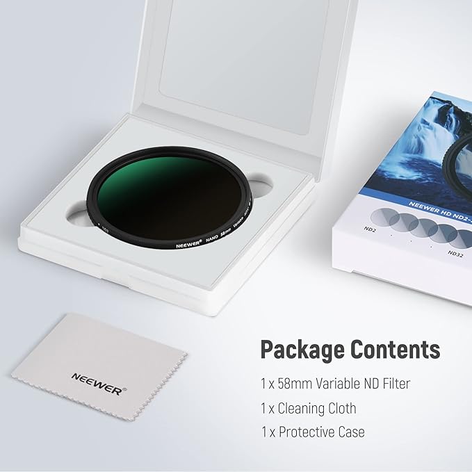NEEWER 58mm HD Variable ND Filter ND2-ND32 (1-5 Stops) No X Cross/Optical Glass/30 Layer Nano Coated/Ultra Slim Aluminum Alloy Frame/Water Repellent/Anti Scratch Adjustable Neutral Density Filter