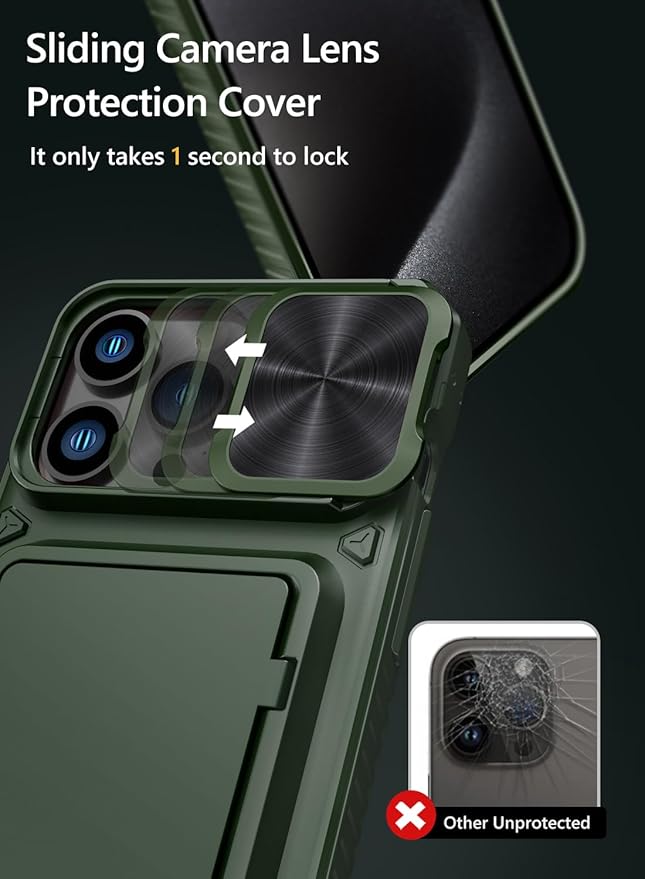 Vihibii for iPhone 15 Pro Max Case with Card Holder (4 Cards) & Slide Camera Cover & Kickstand, Military Grade Drop Protection, Rugged Hard Back & Silicone Edge Wallet Phone Case, 6.7" 2023, Green