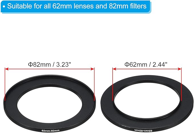 PATIKIL 62mm-82mm Metal Step Up Ring with Cleaning Cloth, 2 Pack Camera Lens Filter Adapter Ring Aluminum Filter Adapter Ring for Camera Lenses Hood, Black
