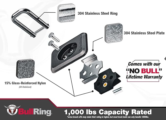 Bull Ring Raised Fit Retractable Truck Tie Down Anchors, Fits 1998-2014 Ford F150, 1998-2016 Ford Super Duty, 1999-2013 Chevrolet Silverado, GMC Sierra & 1995-2018 Dodge RAM (2 Pairs)