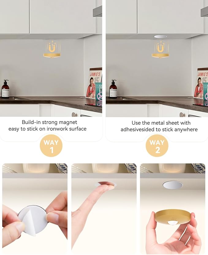 Rechargeable RGB Puck Lights with Remote Control, 1500mAh Battery Operated Push Lights, Dimmable & Timer Under Cabinet Lighting for Closet, Bedroom, Kitchen Gold 3Pcs
