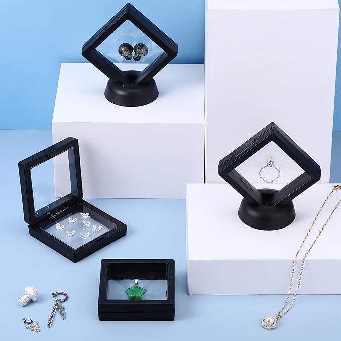 60 Pcs 3D Floating Display Case PE Film Jewelry Storage Box Coins Display Frame Holder Stands for Antique Challenge Coins, Medallion Shells Gems Rocks Pins (Black,2.76 Inch)