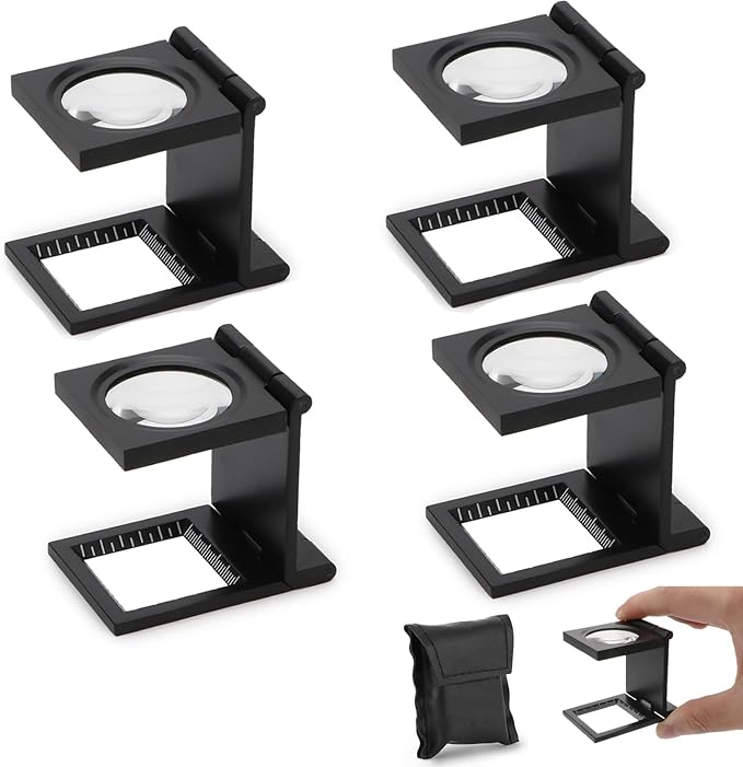 Rongon Magnifying Glass 10X Small Loupe Magnifier 4Pcs Folding Magnifiers Glass Zinc Alloy Loupes Desktop Portable Metal Reading Magnifier Lens with Scale Optical Lens for Textile Jewelry Coins