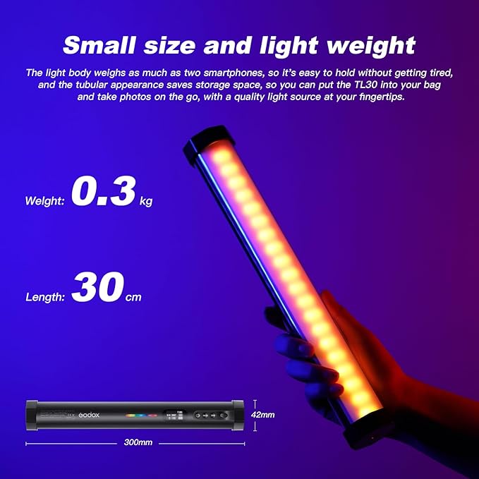 Godox TL30 RGB Tube Light Wand, Magnetic RGB Light Wand LED Video Light Stick CRI 97 TLCI 99 HSI 360°Color Gamut 2700-6500K 13FX Lux 740 with 2900mAh Battery for Photography YouTube TikTok