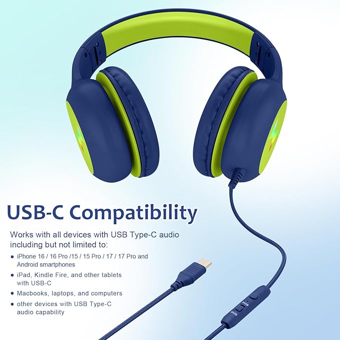Kids Headphones Wired with Microphone, USB Type C Headphones for Kids Girls Boys with Cord/LED Lights/85/94dB Volume Limit, Portable Over Ear Headphones for School/Travel/Tablet/iPad