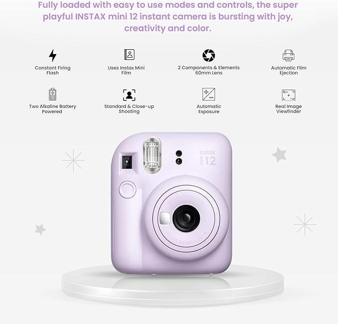 Fujifilm Instant Mini Camera + Accessory Bundle & Compatible Custom Case + Fuji Instant (20 Shots) Designer Mini Photo Album (60 Pockets) (Lilac Purple)